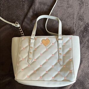 Betsey Johnson Quilted Baby Blue Tote with Pink Hearts
